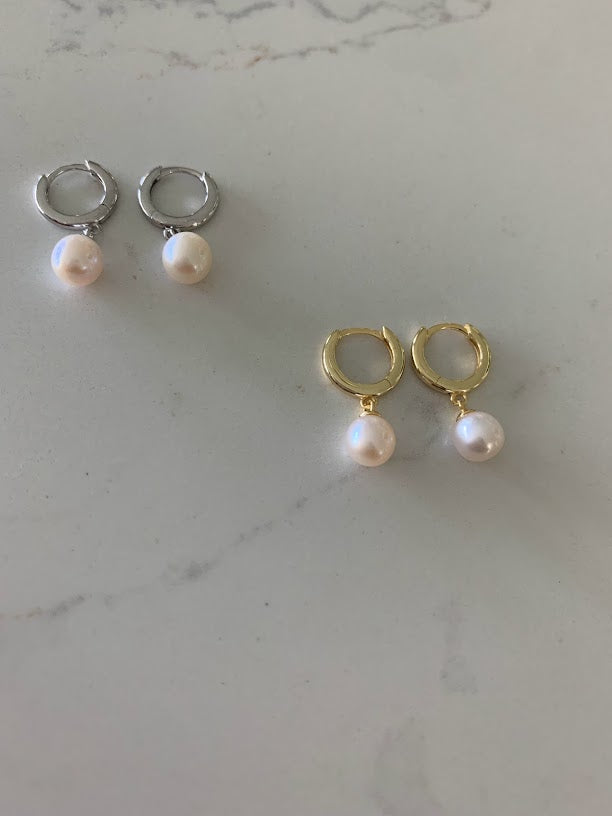Pearl Huggie Earrings in Sterling Silver and Gold Vermeil, Real Freshwater Pearls