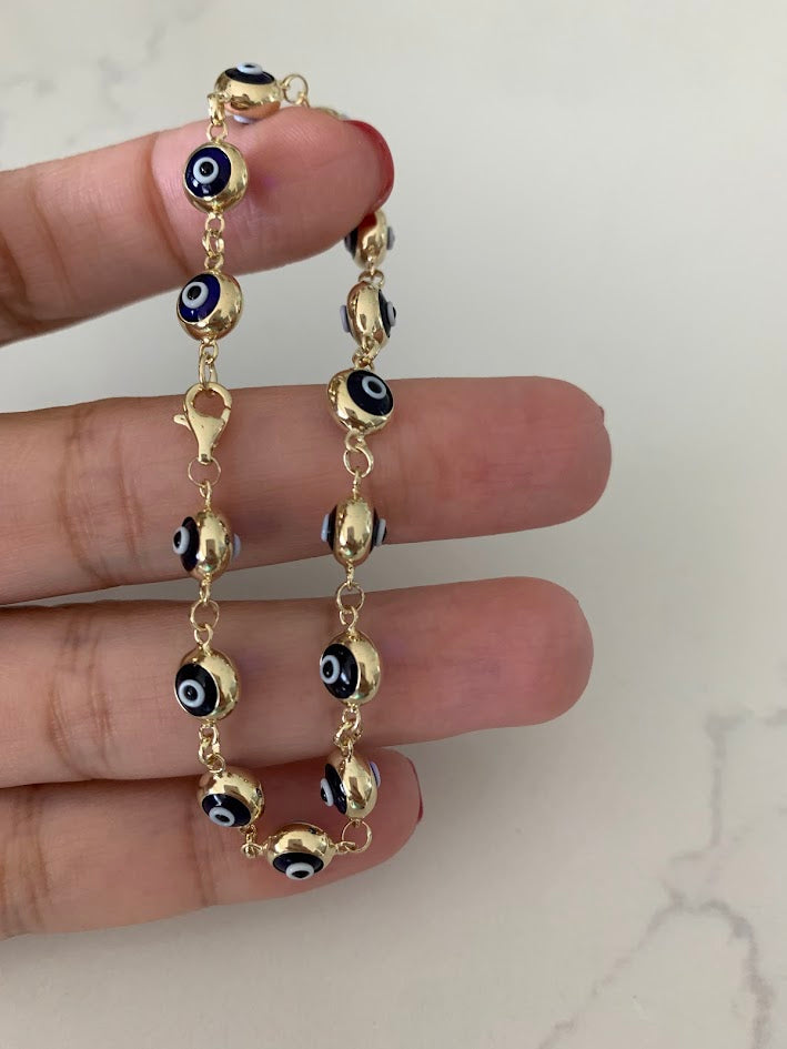 14K Gold Evil Eye Bracelet , Blue Evil Eye, 5mm Eye Diameter, 7.5" Length, Spring Ring Clasp