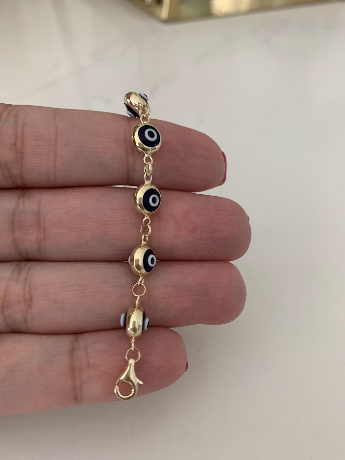 14K Gold Evil Eye Bracelet , Blue Evil Eye, 5mm Eye Diameter, 7.5" Length, Spring Ring Clasp