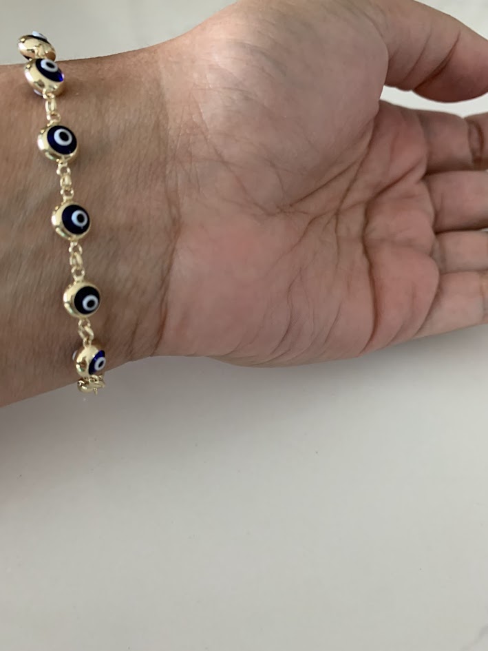 14K Gold Evil Eye Bracelet , Blue Evil Eye, 5mm Eye Diameter, 7.5" Length, Spring Ring Clasp