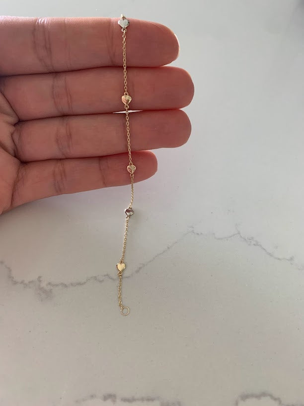 Tiny & Cute 14K Gold Heart Bracelet, Tricolor 14K Gold Everyday Jewelry, 14k Genuine 3 Color Chain Bracelet with Hearts