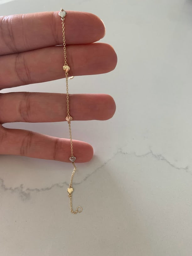 Tiny & Cute 14K Gold Heart Bracelet, Tricolor 14K Gold Everyday Jewelry, 14k Genuine 3 Color Chain Bracelet with Hearts