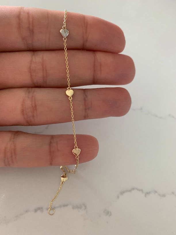 Tiny & Cute 14K Gold Heart Bracelet, Tricolor 14K Gold Everyday Jewelry, 14k Genuine 3 Color Chain Bracelet with Hearts