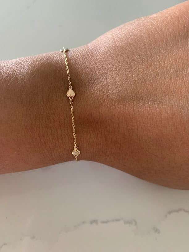 Tiny & Cute 14K Gold Heart Bracelet, Tricolor 14K Gold Everyday Jewelry, 14k Genuine 3 Color Chain Bracelet with Hearts