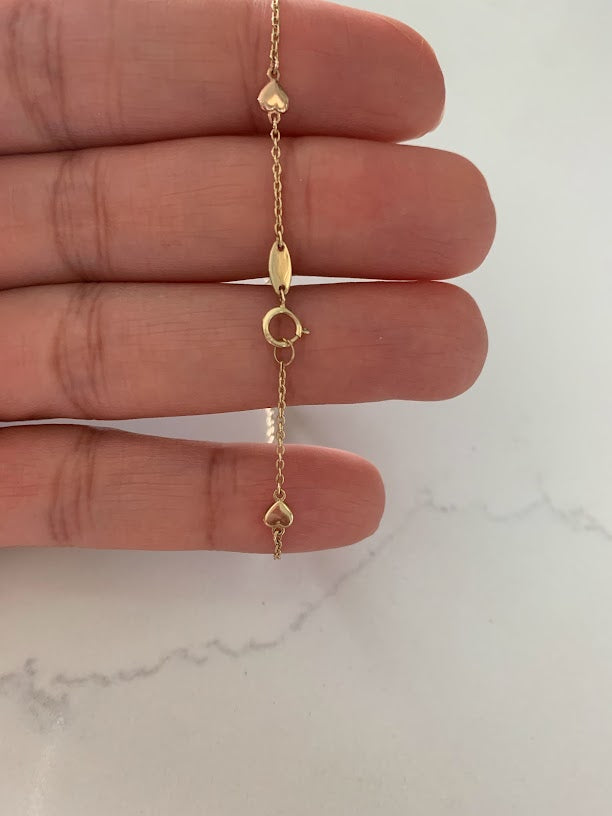 Tiny & Cute 14K Gold Heart Bracelet, Tricolor 14K Gold Everyday Jewelry, 14k Genuine 3 Color Chain Bracelet with Hearts
