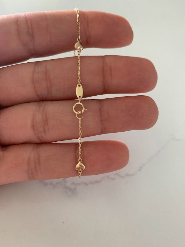 Tiny & Cute 14K Gold Heart Bracelet, Tricolor 14K Gold Everyday Jewelry, 14k Genuine 3 Color Chain Bracelet with Hearts