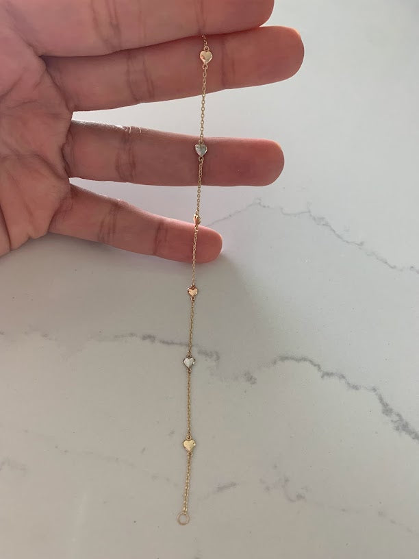 Tiny & Cute 14K Gold Heart Bracelet, Tricolor 14K Gold Everyday Jewelry, 14k Genuine 3 Color Chain Bracelet with Hearts