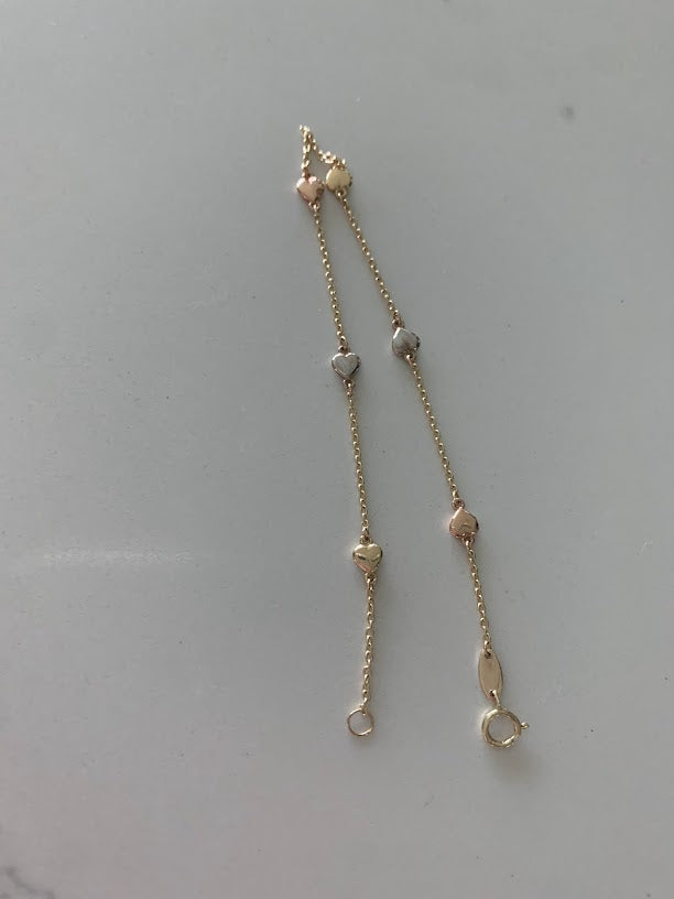 Tiny & Cute 14K Gold Heart Bracelet, Tricolor 14K Gold Everyday Jewelry, 14k Genuine 3 Color Chain Bracelet with Hearts