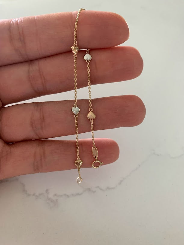 Tiny & Cute 14K Gold Heart Bracelet, Tricolor 14K Gold Everyday Jewelry, 14k Genuine 3 Color Chain Bracelet with Hearts