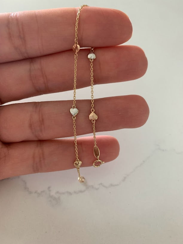 Tiny & Cute 14K Gold Heart Bracelet, Tricolor 14K Gold Everyday Jewelry, 14k Genuine 3 Color Chain Bracelet with Hearts