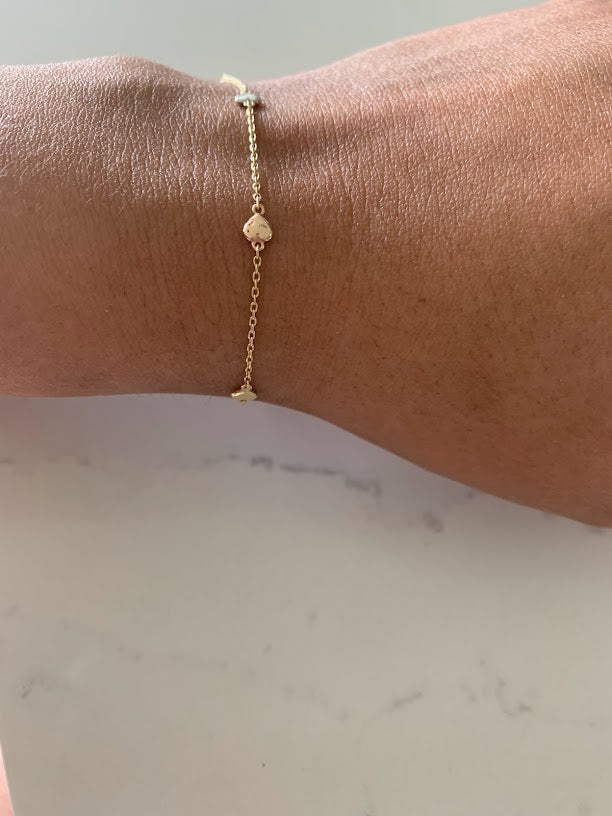Tiny & Cute 14K Gold Heart Bracelet, Tricolor 14K Gold Everyday Jewelry, 14k Genuine 3 Color Chain Bracelet with Hearts