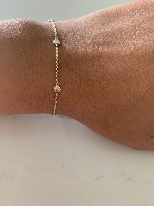 Tiny & Cute 14K Gold Heart Bracelet, Tricolor 14K Gold Everyday Jewelry, 14k Genuine 3 Color Chain Bracelet with Hearts
