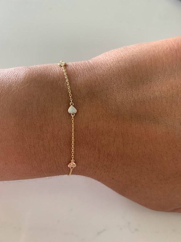 Tiny & Cute 14K Gold Heart Bracelet, Tricolor 14K Gold Everyday Jewelry, 14k Genuine 3 Color Chain Bracelet with Hearts