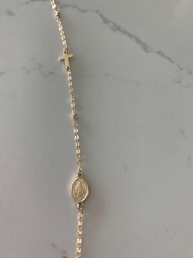 14K Yellow Gold Rosary Bracelet, Solid Gold Rosary Bracelet, Miraculous Virgin Mary Medal and Cross Bracelet, Religious Jewelry For Women