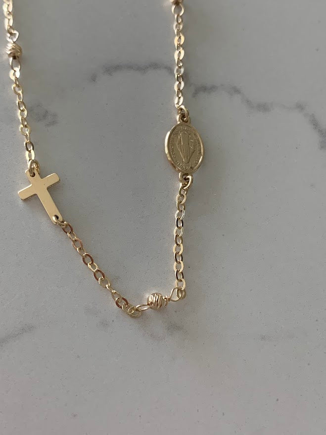 14K Yellow Gold Rosary Bracelet, Solid Gold Rosary Bracelet, Miraculous Virgin Mary Medal and Cross Bracelet, Religious Jewelry For Women