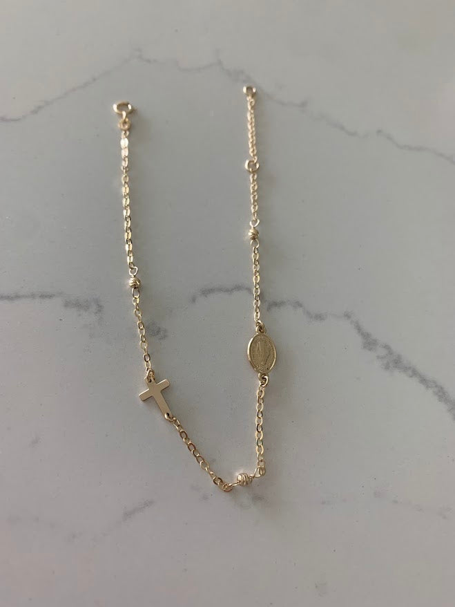 14K Yellow Gold Rosary Bracelet, Solid Gold Rosary Bracelet, Miraculous Virgin Mary Medal and Cross Bracelet, Religious Jewelry For Women