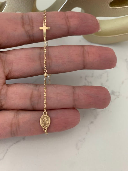 14K Yellow Gold Rosary Bracelet, Solid Gold Rosary Bracelet, Miraculous Virgin Mary Medal and Cross Bracelet, Religious Jewelry For Women