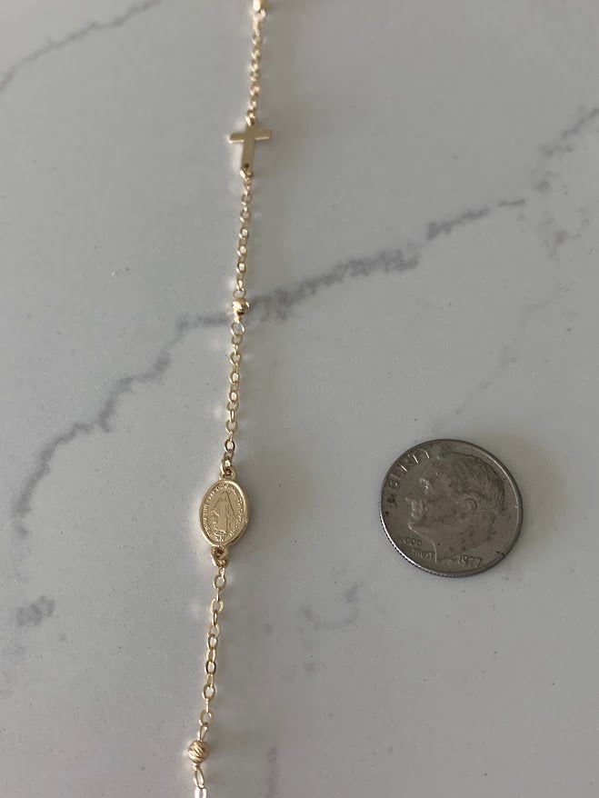 14K Yellow Gold Rosary Bracelet, Solid Gold Rosary Bracelet, Miraculous Virgin Mary Medal and Cross Bracelet, Religious Jewelry For Women