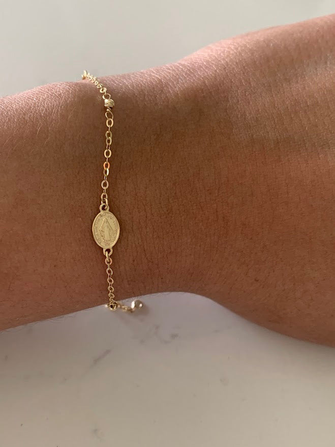 14K Yellow Gold Rosary Bracelet, Solid Gold Rosary Bracelet, Miraculous Virgin Mary Medal and Cross Bracelet, Religious Jewelry For Women