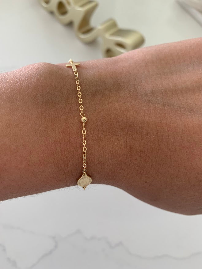 14K Yellow Gold Rosary Bracelet, Solid Gold Rosary Bracelet, Miraculous Virgin Mary Medal and Cross Bracelet, Religious Jewelry For Women