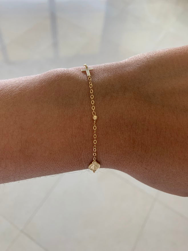 14K Yellow Gold Rosary Bracelet, Solid Gold Rosary Bracelet, Miraculous Virgin Mary Medal and Cross Bracelet, Religious Jewelry For Women
