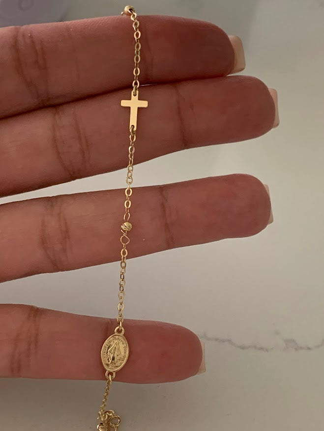 14K Yellow Gold Rosary Bracelet, Solid Gold Rosary Bracelet, Miraculous Virgin Mary Medal and Cross Bracelet, Religious Jewelry For Women