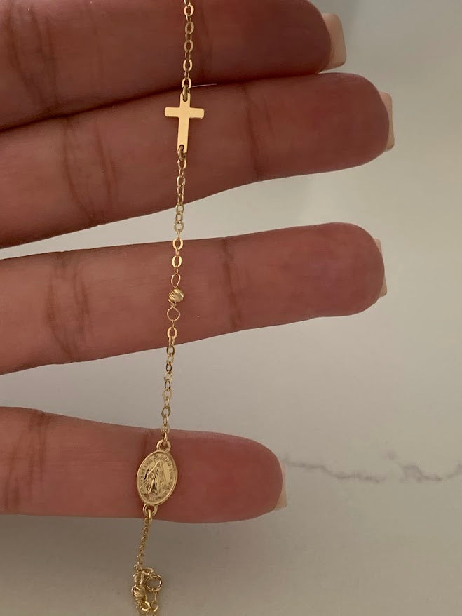 14K Yellow Gold Rosary Bracelet, Solid Gold Rosary Bracelet, Miraculous Virgin Mary Medal and Cross Bracelet, Religious Jewelry For Women