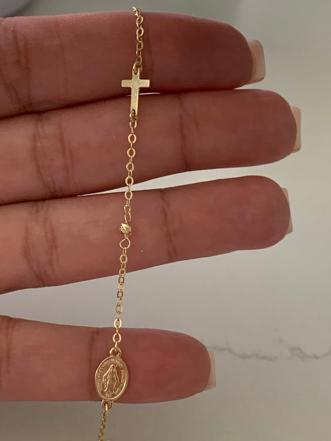 14K Yellow Gold Rosary Bracelet, Solid Gold Rosary Bracelet, Miraculous Virgin Mary Medal and Cross Bracelet, Religious Jewelry For Women
