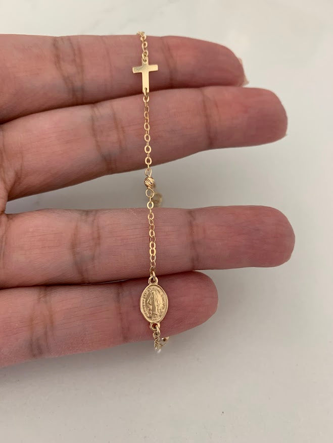 14K Yellow Gold Rosary Bracelet, Solid Gold Rosary Bracelet, Miraculous Virgin Mary Medal and Cross Bracelet, Religious Jewelry For Women