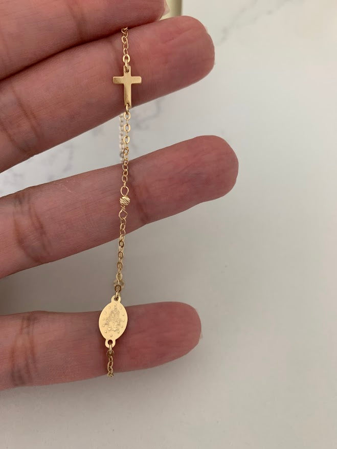 14K Yellow Gold Rosary Bracelet, Solid Gold Rosary Bracelet, Miraculous Virgin Mary Medal and Cross Bracelet, Religious Jewelry For Women