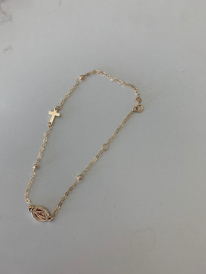 14K Yellow Gold Rosary Bracelet, Solid Gold Rosary Bracelet, Miraculous Virgin Mary Medal and Cross Bracelet, Religious Jewelry For Women