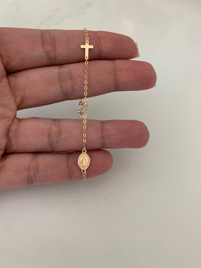 14K Yellow Gold Rosary Bracelet, Solid Gold Rosary Bracelet, Miraculous Virgin Mary Medal and Cross Bracelet, Religious Jewelry For Women