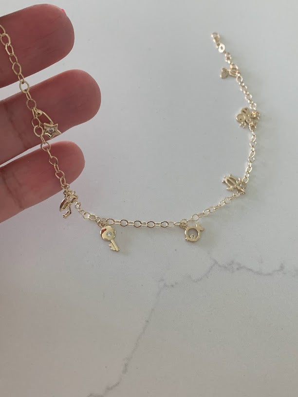 14K Gold Cable Anklet with Pendants, Bee, Key, Star, Turtle, Butterfly, Fish, Umbrella, Real 14K Gold Anklet, Gold Ankle Bracelet for Women