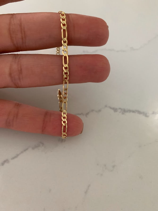 14K Figaro Bracelet 3.1MM, Figaro 3+1 Chain, Real Solid 14K Yellow Gold, Figaro Link Bracelet, Women, Gifts for Her, Everyday Bracelet