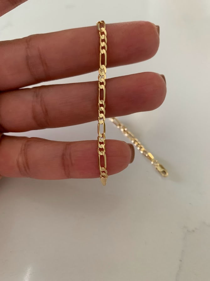 14K Figaro Bracelet 3.1MM, Figaro 3+1 Chain, Real Solid 14K Yellow Gold, Figaro Link Bracelet, Women, Gifts for Her, Everyday Bracelet