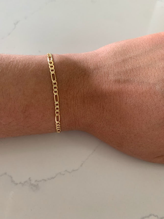 14K Figaro Bracelet 3.1MM, Figaro 3+1 Chain, Real Solid 14K Yellow Gold, Figaro Link Bracelet, Women, Gifts for Her, Everyday Bracelet