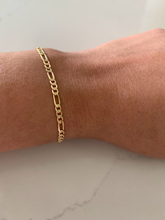 14K Figaro Bracelet 3.1MM, Figaro 3+1 Chain, Real Solid 14K Yellow Gold, Figaro Link Bracelet, Women, Gifts for Her, Everyday Bracelet