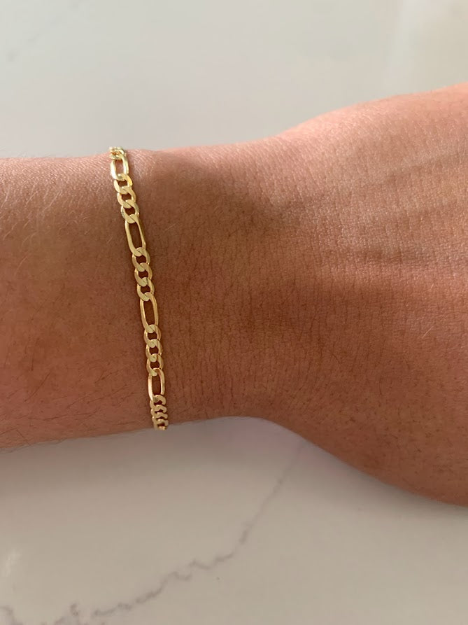 14K Figaro Bracelet 3.1MM, Figaro 3+1 Chain, Real Solid 14K Yellow Gold, Figaro Link Bracelet, Women, Gifts for Her, Everyday Bracelet