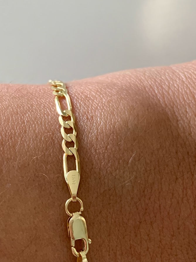 14K Figaro Bracelet 3.1MM, Figaro 3+1 Chain, Real Solid 14K Yellow Gold, Figaro Link Bracelet, Women, Gifts for Her, Everyday Bracelet