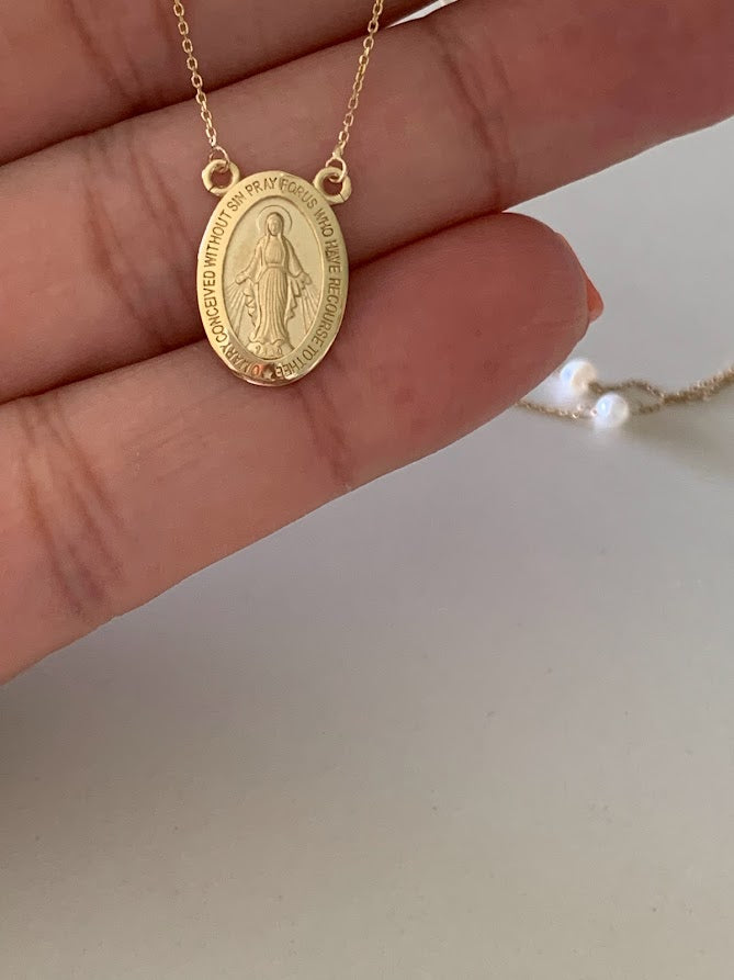 14K Gold Miraculous Virgin Mary Necklace with pearls, Genuine Gold, Religious Necklace, Gift for her