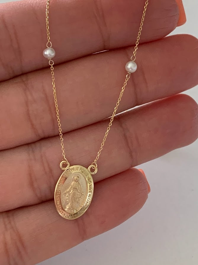 14K Gold Miraculous Virgin Mary Necklace with pearls, Genuine Gold, Religious Necklace, Gift for her