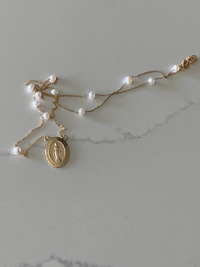 14K Gold Miraculous Virgin Mary Necklace with pearls, Genuine Gold, Religious Necklace, Gift for her