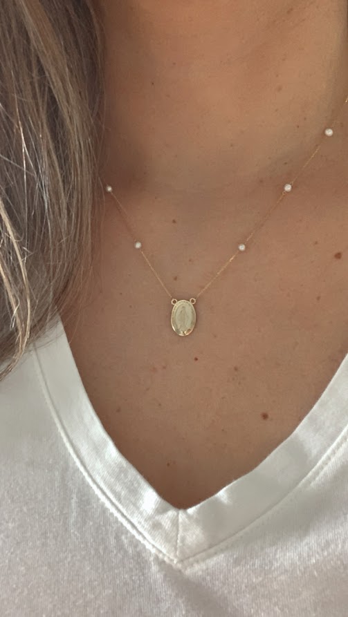 14K Gold Miraculous Virgin Mary Necklace with pearls, Genuine Gold, Religious Necklace, Gift for her