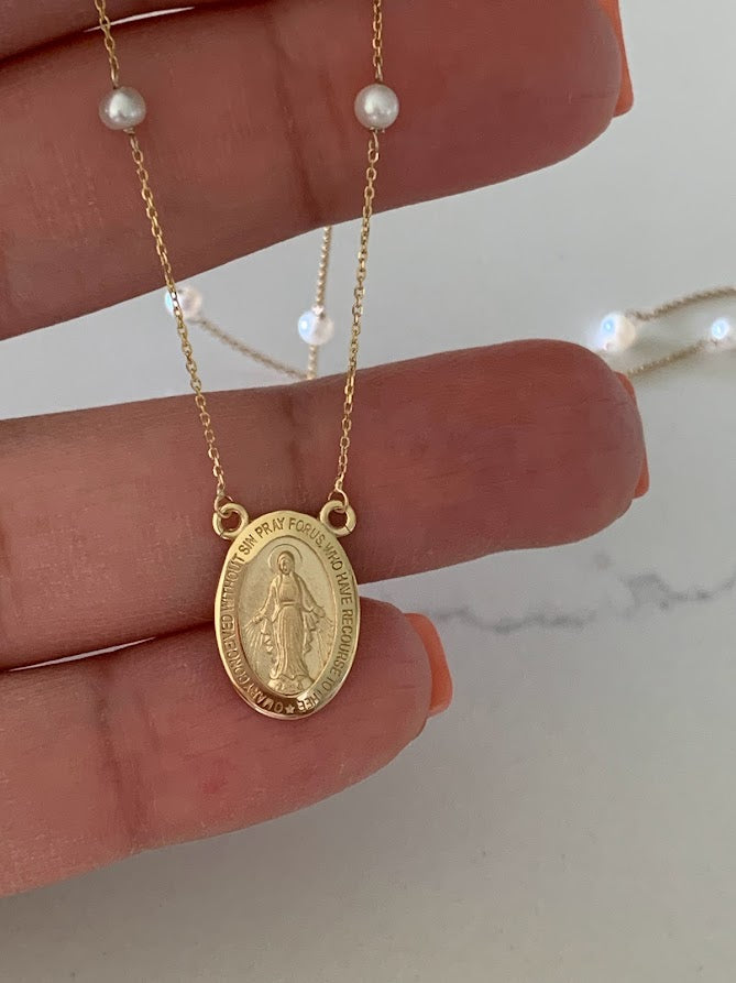 14K Gold Miraculous Virgin Mary Necklace with pearls, Genuine Gold, Religious Necklace, Gift for her