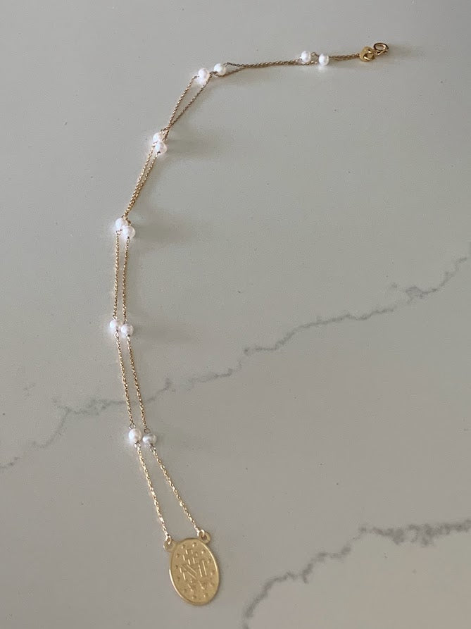 14K Gold Miraculous Virgin Mary Necklace with pearls, Genuine Gold, Religious Necklace, Gift for her