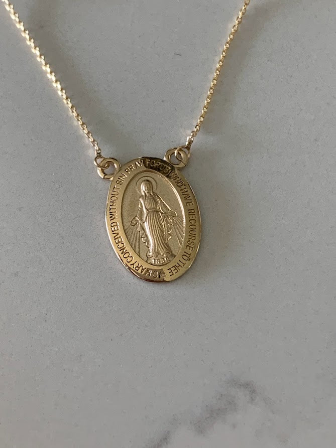 14K Gold Miraculous Virgin Mary Necklace with pearls, Genuine Gold, Religious Necklace, Gift for her