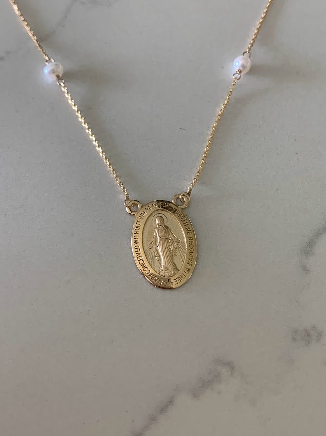 14K Gold Miraculous Virgin Mary Necklace with pearls, Genuine Gold, Religious Necklace, Gift for her