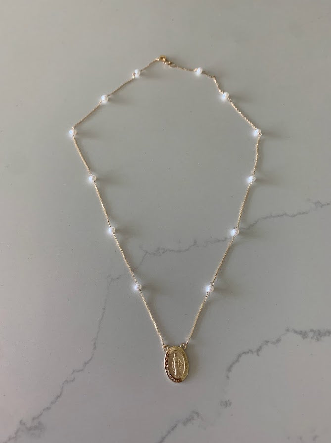 14K Gold Miraculous Virgin Mary Necklace with pearls, Genuine Gold, Religious Necklace, Gift for her