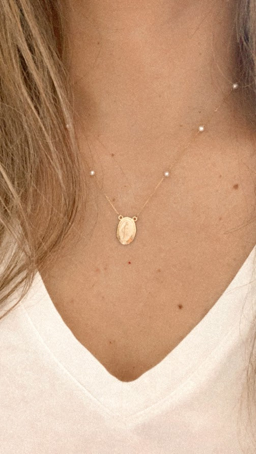 14K Gold Miraculous Virgin Mary Necklace with pearls, Genuine Gold, Religious Necklace, Gift for her