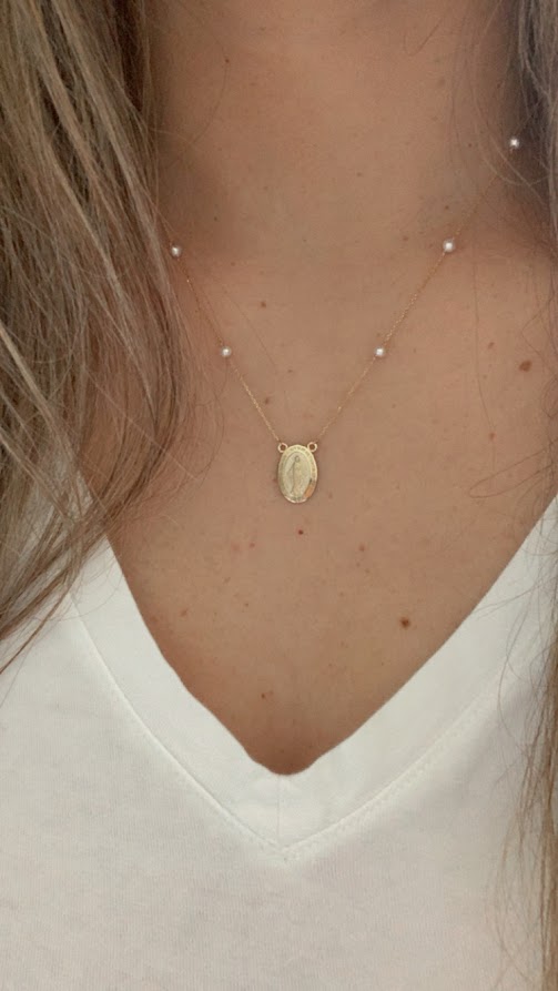 14K Gold Miraculous Virgin Mary Necklace with pearls, Genuine Gold, Religious Necklace, Gift for her